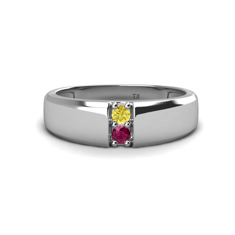 Ethan 3.00 mm Round Yellow Diamond and Rhodolite Garnet 2 Stone Men Wedding Ring 