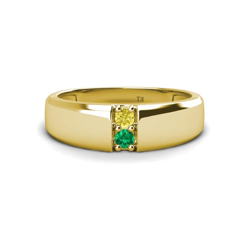Ethan 3.00 mm Round Yellow Diamond and Emerald 2 Stone Men Wedding Ring 