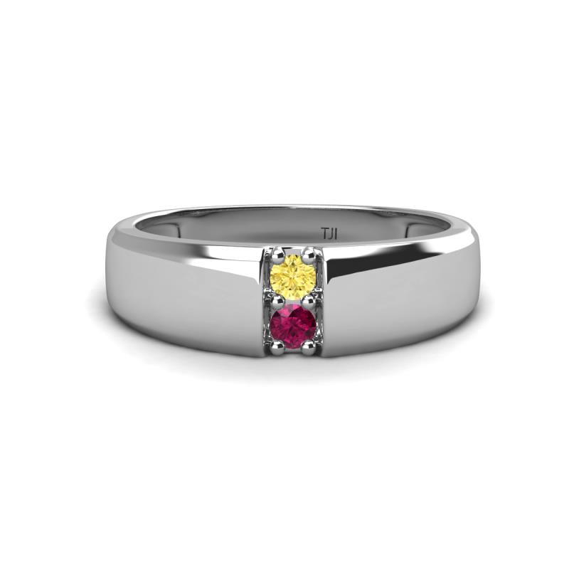Ethan 3.00 mm Round Yellow Sapphire and Rhodolite Garnet 2 Stone Men Wedding Ring 
