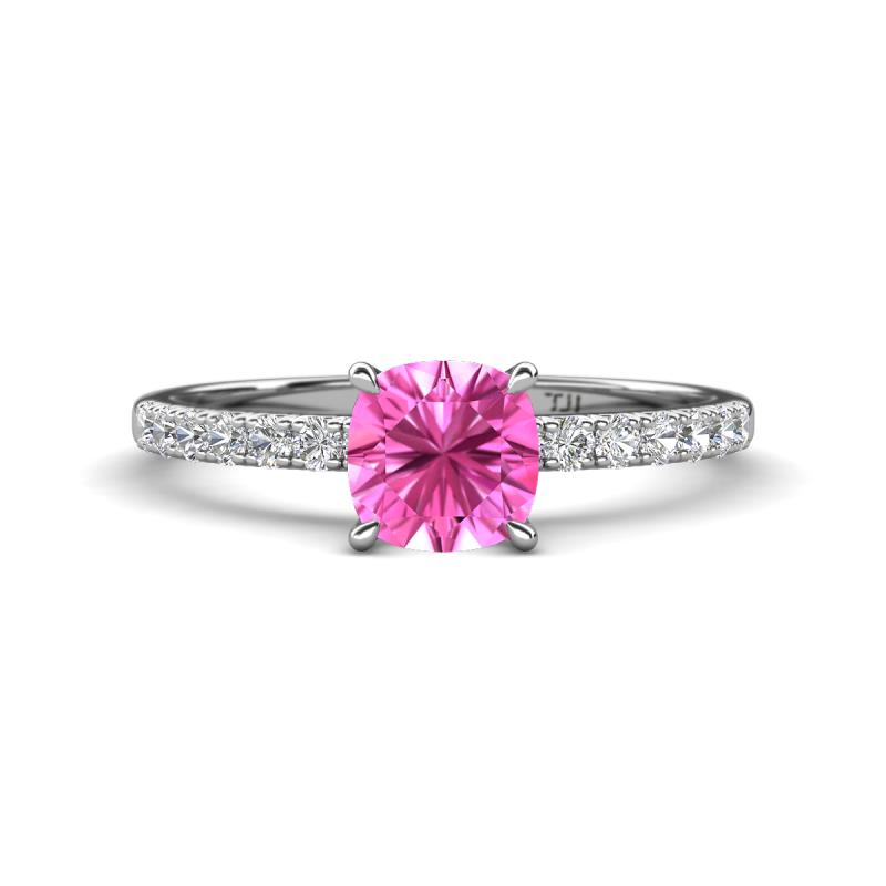 Aurin 6.00 mm Cushion Shape Lab Created Pink Sapphire and Diamond Engagement Ring 