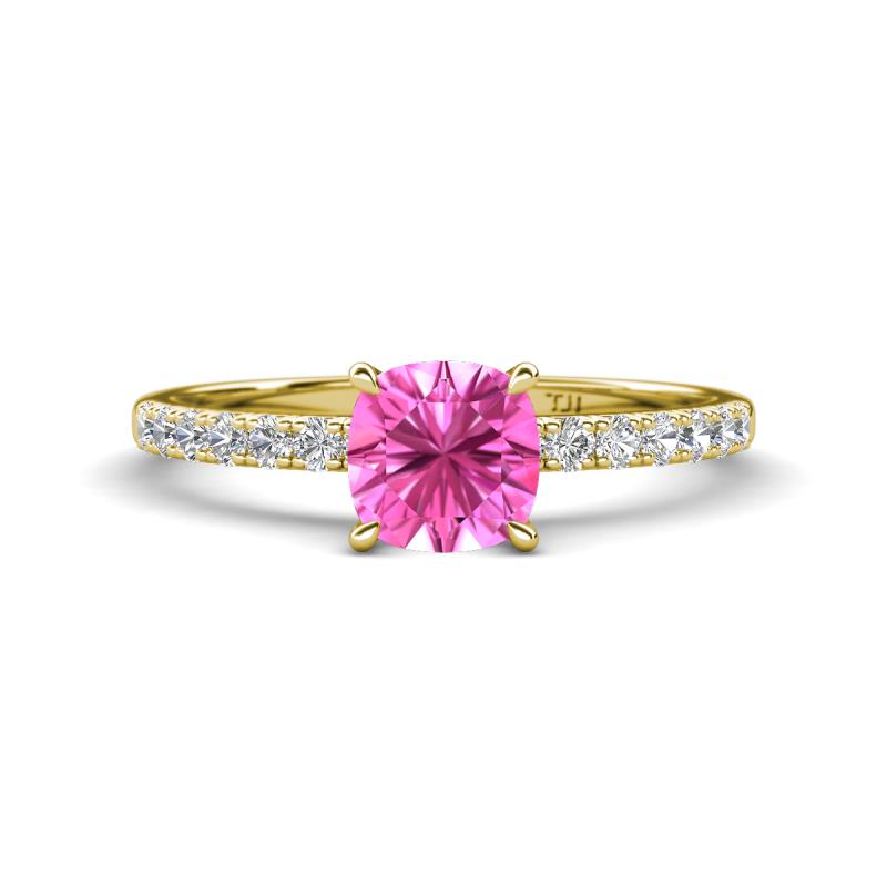 Aurin 6.00 mm Cushion Shape Lab Created Pink Sapphire and Diamond Engagement Ring 