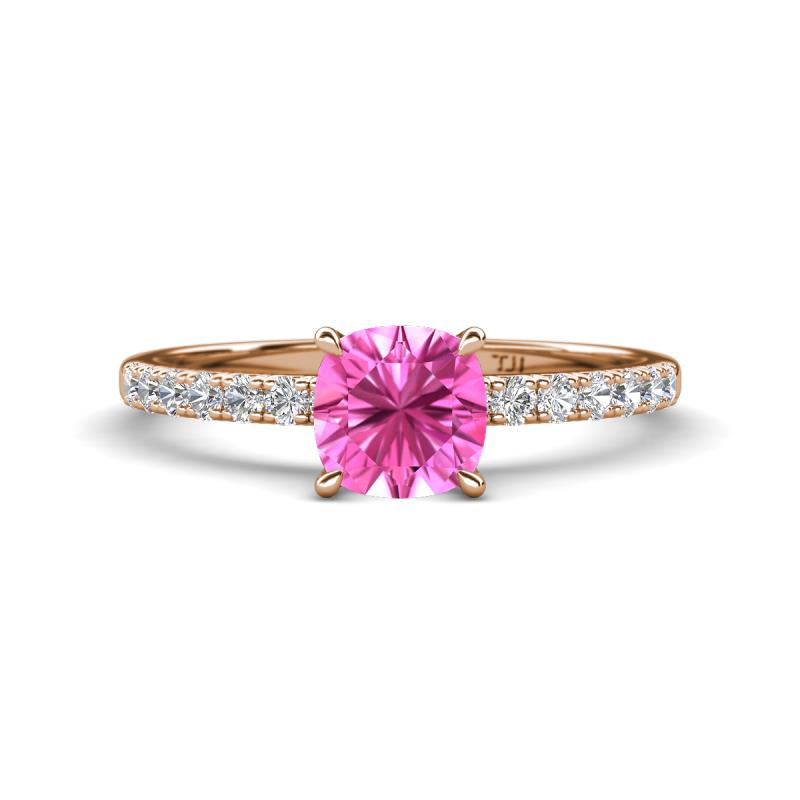 Aurin 6.00 mm Cushion Shape Lab Created Pink Sapphire and Diamond Engagement Ring 
