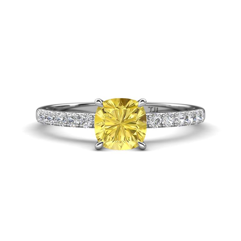 Aurin 6.00 mm Cushion Shape Lab Created Yellow Sapphire and Diamond Engagement Ring 