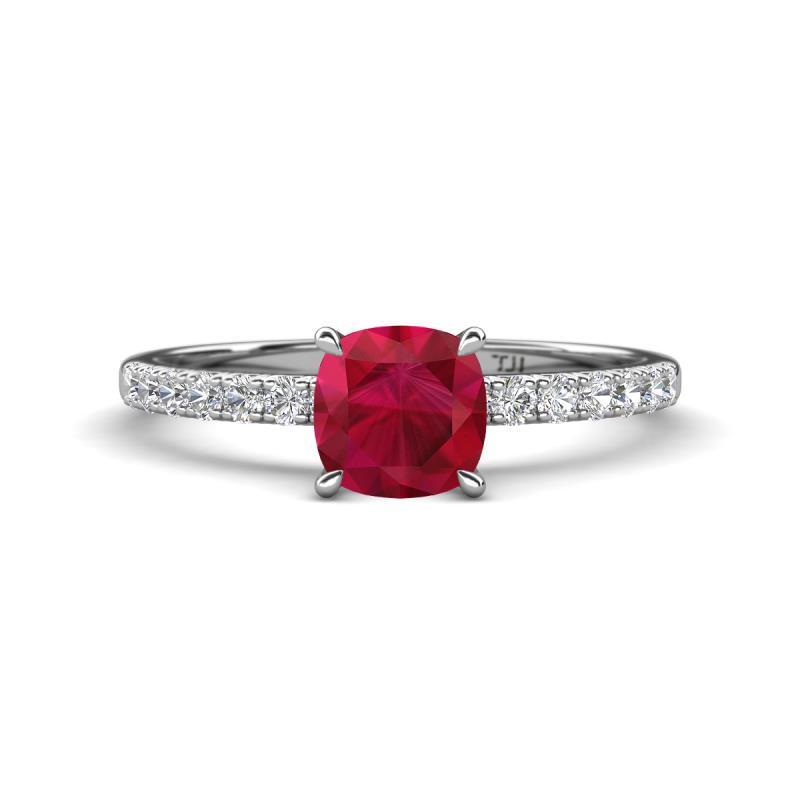 Aurin 6.00 mm Cushion Shape Lab Created Ruby and Diamond Engagement Ring 