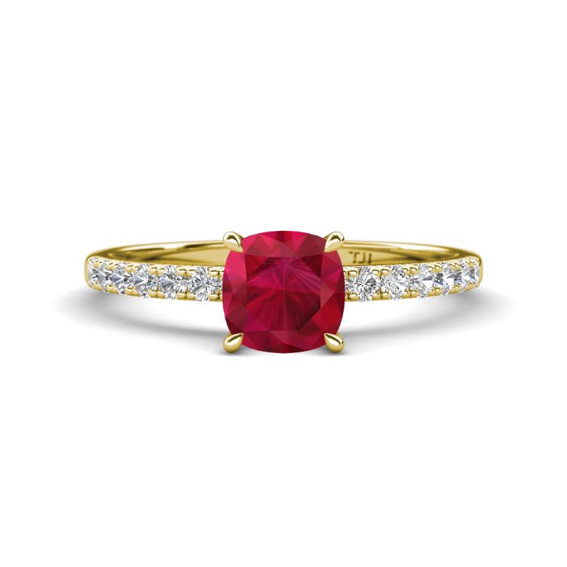 Aurin 6.00 mm Cushion Shape Lab Created Ruby and Diamond Engagement Ring 