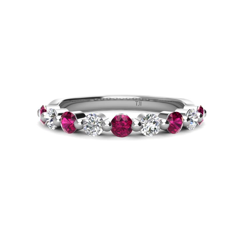Venice 3.00 mm Round Rhodolite Garnet and Lab Grown Diamond 9 Stone Wedding Band 