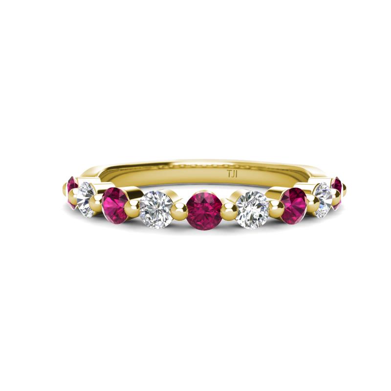 Venice 3.00 mm Round Rhodolite Garnet and Lab Grown Diamond 9 Stone Wedding Band 