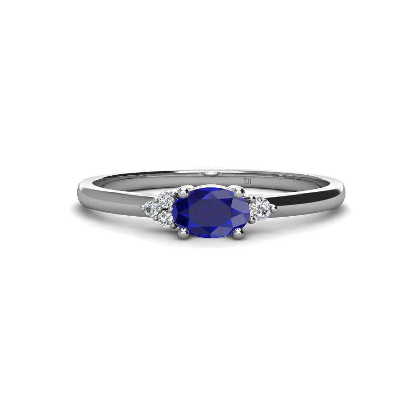 Vera 6x4 mm Oval Shape Blue Sapphire and Round Diamond Promise Ring 