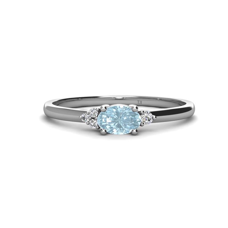 Vera 6x4 mm Oval Shape Aquamarine and Round Diamond Promise Ring 