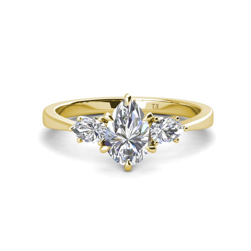 Naomi 1.70 ctw Moissanite Pear Shape (9x7 mm) accented Natural Diamond Three Stone Women Engagement Ring 