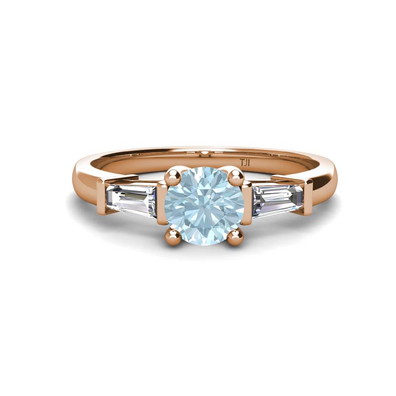 Zosia 6.50 mm Round Aquamarine and Tapered Baguette Diamond Three Stone Engagement Ring  