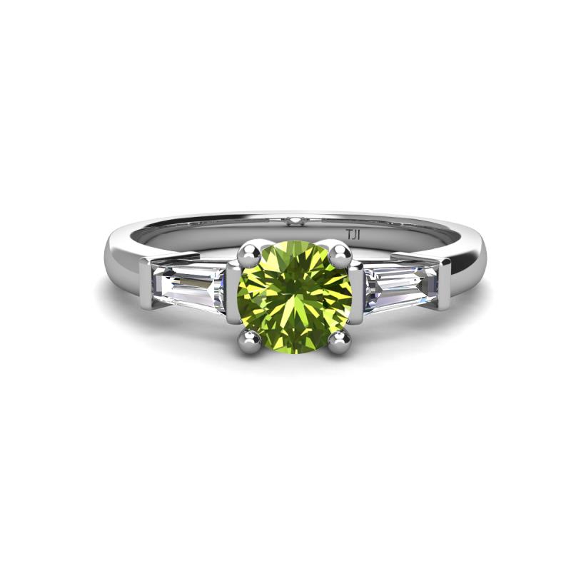 Zosia 6.50 mm Round Peridot and Tapered Baguette Diamond Three Stone Engagement Ring  