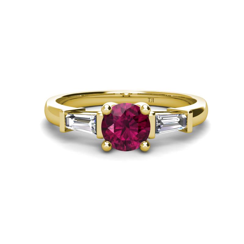 Zosia 6.50 mm Round Rhodolite Garnet and Tapered Baguette Diamond Three Stone Engagement Ring  