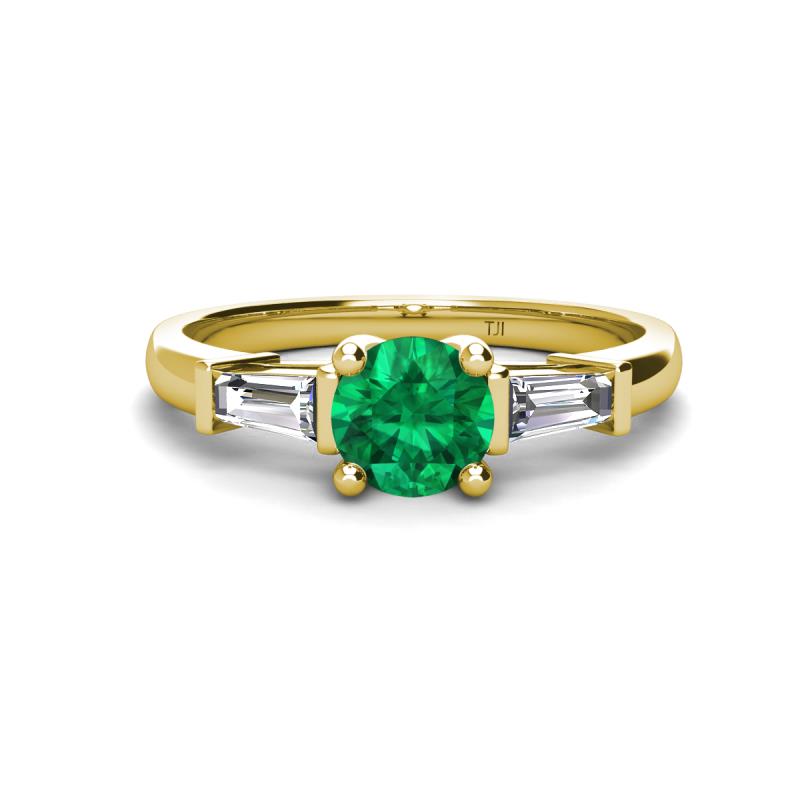 Zosia 6.00 mm Round Emerald and Tapered Baguette Diamond Three Stone Engagement Ring  