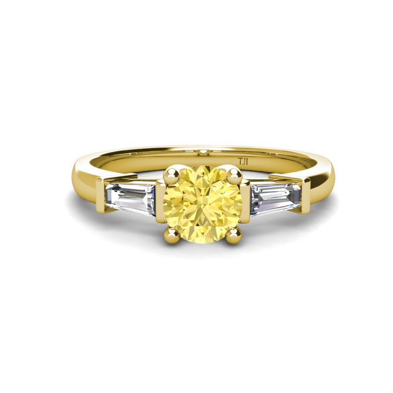 Zosia 6.00 mm Round Lab Created Yellow Sapphire and Tapered Baguette Diamond Three Stone Engagement Ring  