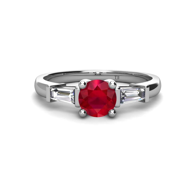 Zosia 6.00 mm Round Ruby and Tapered Baguette Diamond Three Stone Engagement Ring  