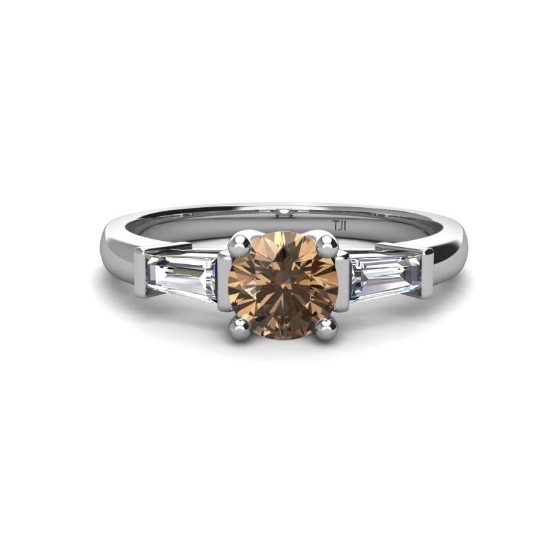 Zosia 6.50 mm Round Smoky Quartz and Tapered Baguette Diamond Three Stone Engagement Ring  