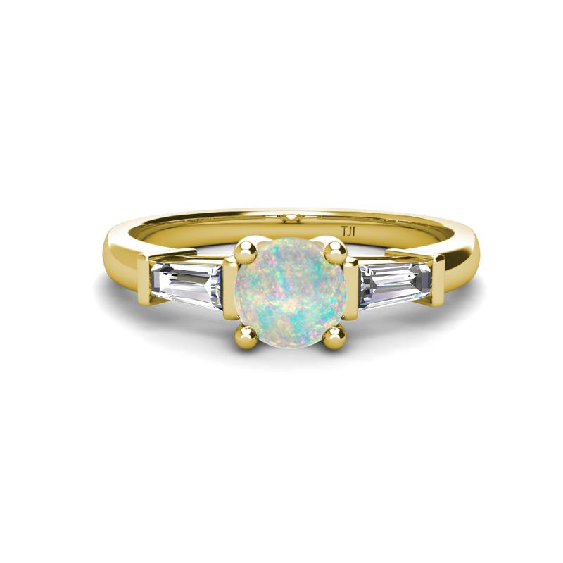 Zosia 6.00 mm Round Opal and Tapered Baguette Diamond Three Stone Engagement Ring  