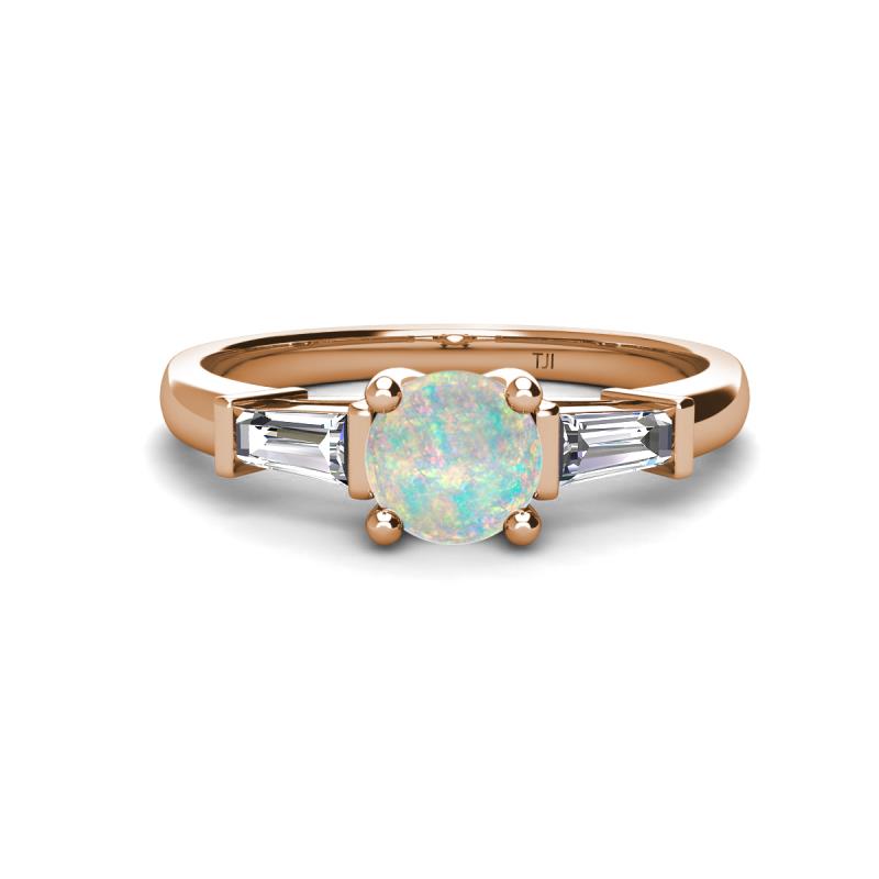 Zosia 6.00 mm Round Opal and Tapered Baguette Diamond Three Stone Engagement Ring  
