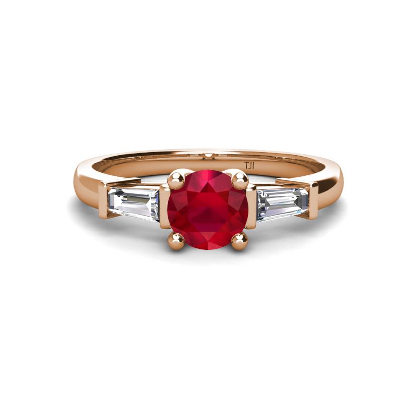 Zosia 6.00 mm Round Ruby and Tapered Baguette Diamond Three Stone Engagement Ring  