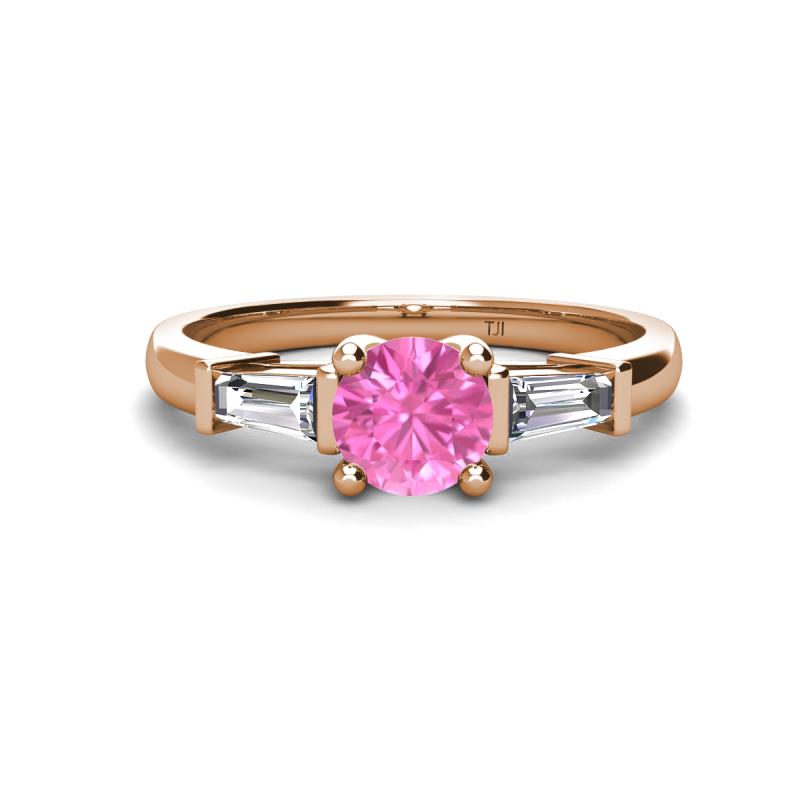 Zosia 6.00 mm Round Lab Created Pink Sapphire and Tapered Baguette Diamond Three Stone Engagement Ring  