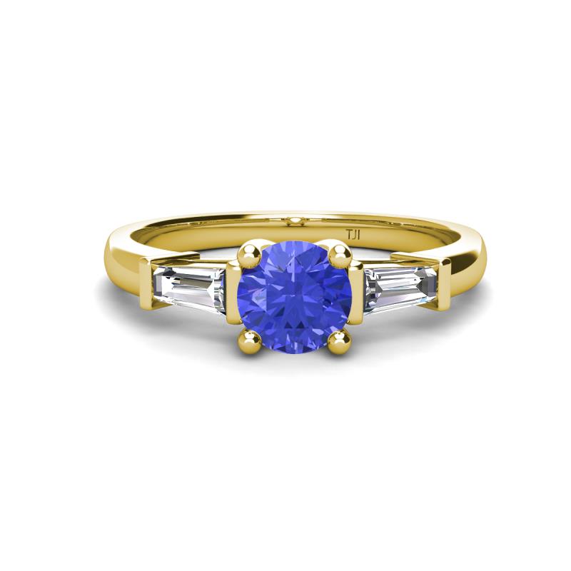 Zosia 6.50 mm Round Tanzanite and Tapered Baguette Diamond Three Stone Engagement Ring  