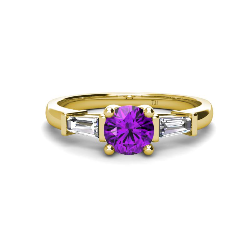 Zosia 6.50 mm Round Amethyst and Tapered Baguette Diamond Three Stone Engagement Ring  