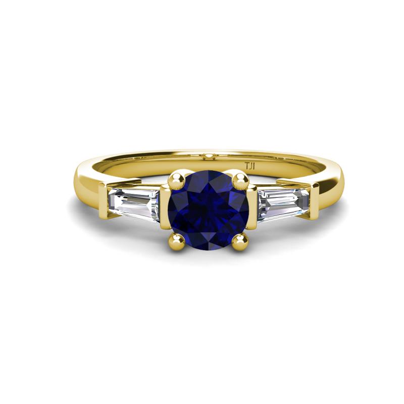 Zosia 6.00 mm Round Blue Sapphire and Tapered Baguette Diamond Three Stone Engagement Ring  