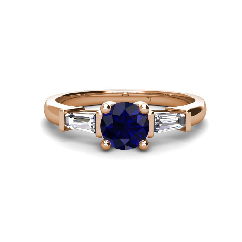 Zosia 6.00 mm Round Blue Sapphire and Tapered Baguette Diamond Three Stone Engagement Ring  