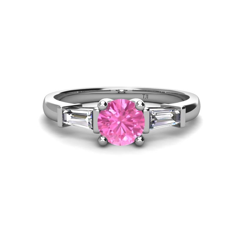 Zosia 6.00 mm Round Lab Created Pink Sapphire and Tapered Baguette Diamond Three Stone Engagement Ring  