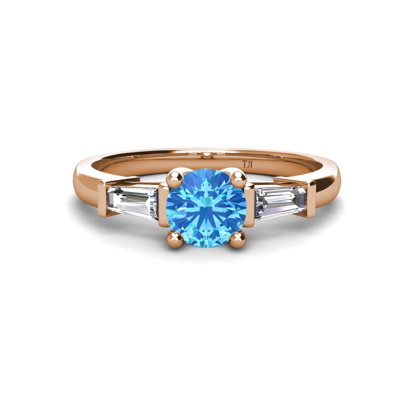 Zosia 6.50 mm Round Blue Topaz and Tapered Baguette Diamond Three Stone Engagement Ring  