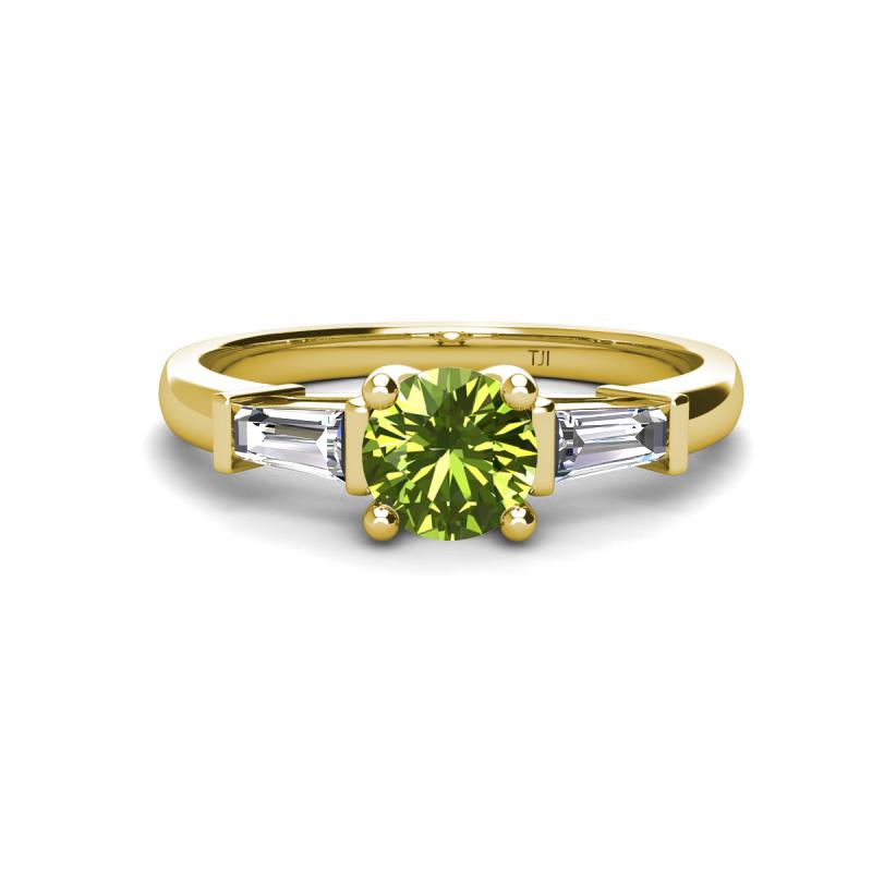 Zosia 6.50 mm Round Peridot and Tapered Baguette Diamond Three Stone Engagement Ring  