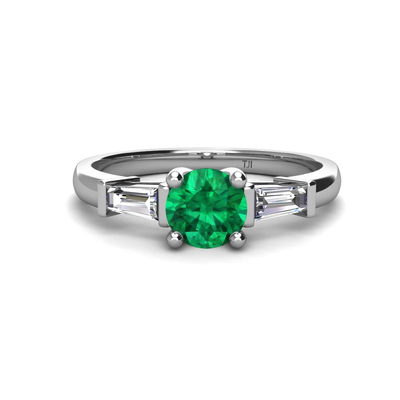 Zosia 6.00 mm Round Emerald and Tapered Baguette Diamond Three Stone Engagement Ring  
