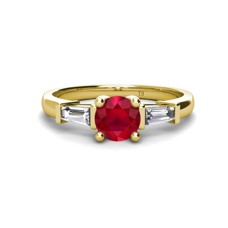 Zosia 6.00 mm Round Ruby and Tapered Baguette Diamond Three Stone Engagement Ring  