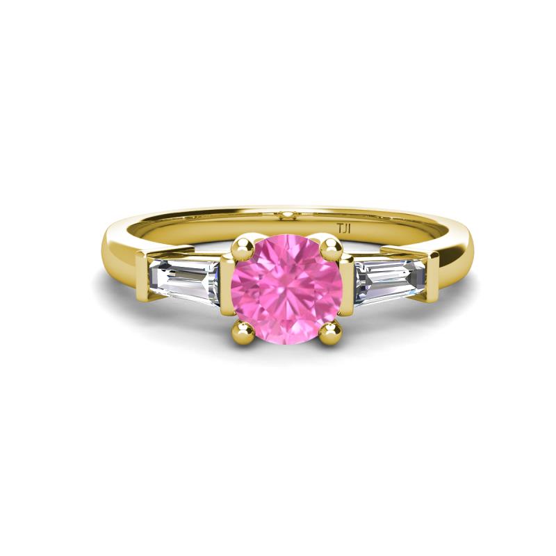 Zosia 6.00 mm Round Lab Created Pink Sapphire and Tapered Baguette Diamond Three Stone Engagement Ring  