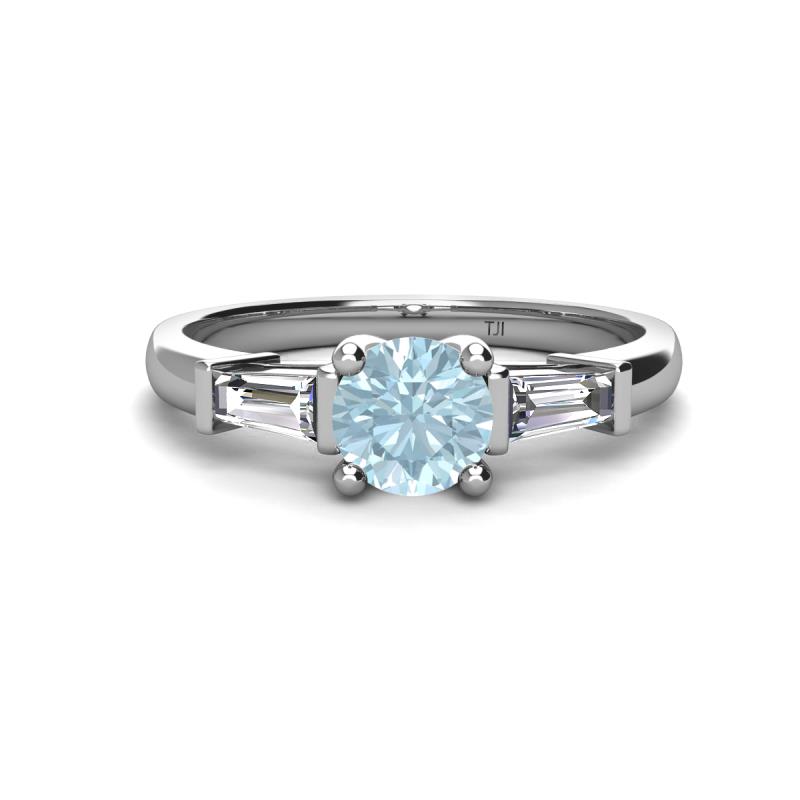 Zosia 6.50 mm Round Aquamarine and Tapered Baguette Diamond Three Stone Engagement Ring  