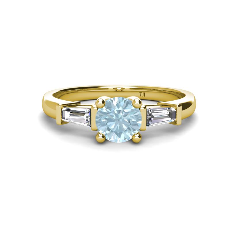 Zosia 6.50 mm Round Aquamarine and Tapered Baguette Diamond Three Stone Engagement Ring  