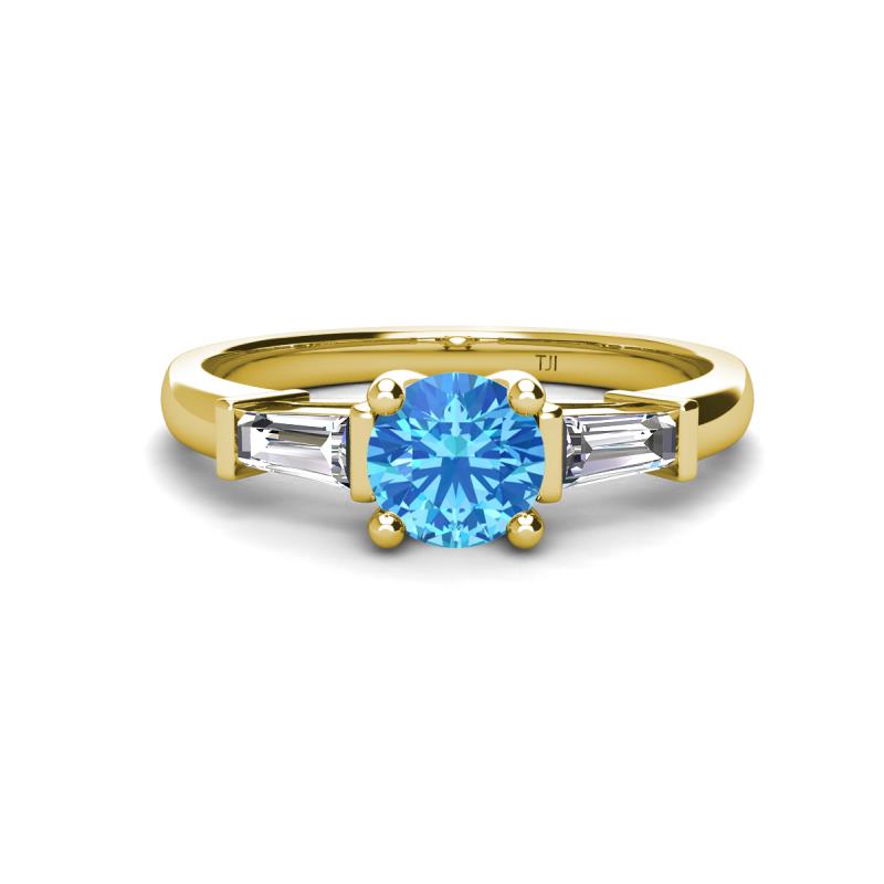 Zosia 6.50 mm Round Blue Topaz and Tapered Baguette Diamond Three Stone Engagement Ring  