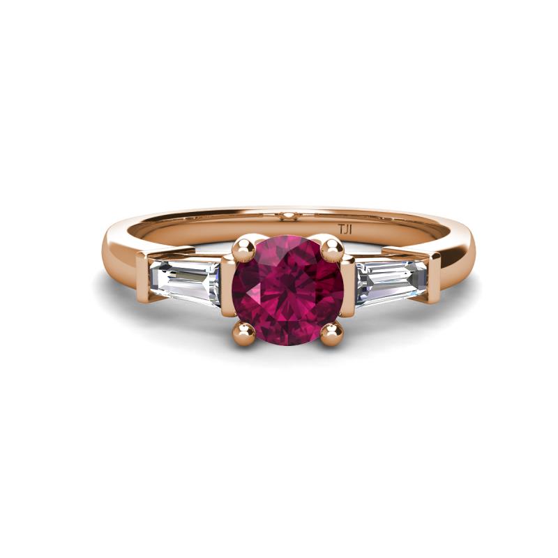 Zosia 6.50 mm Round Rhodolite Garnet and Tapered Baguette Diamond Three Stone Engagement Ring  
