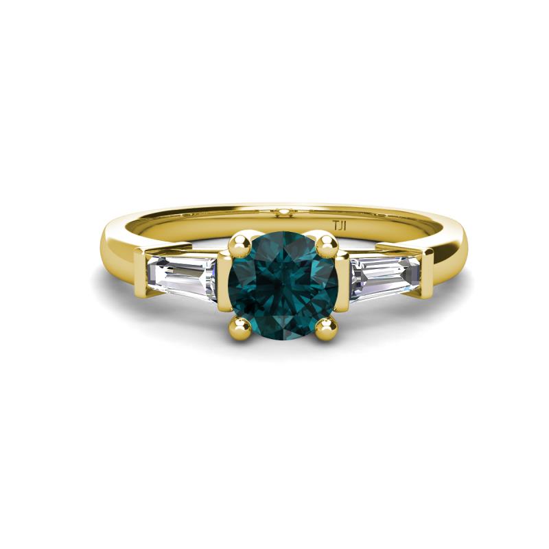 Zosia 6.50 mm Round London Blue Topaz and Tapered Baguette Diamond Three Stone Engagement Ring  