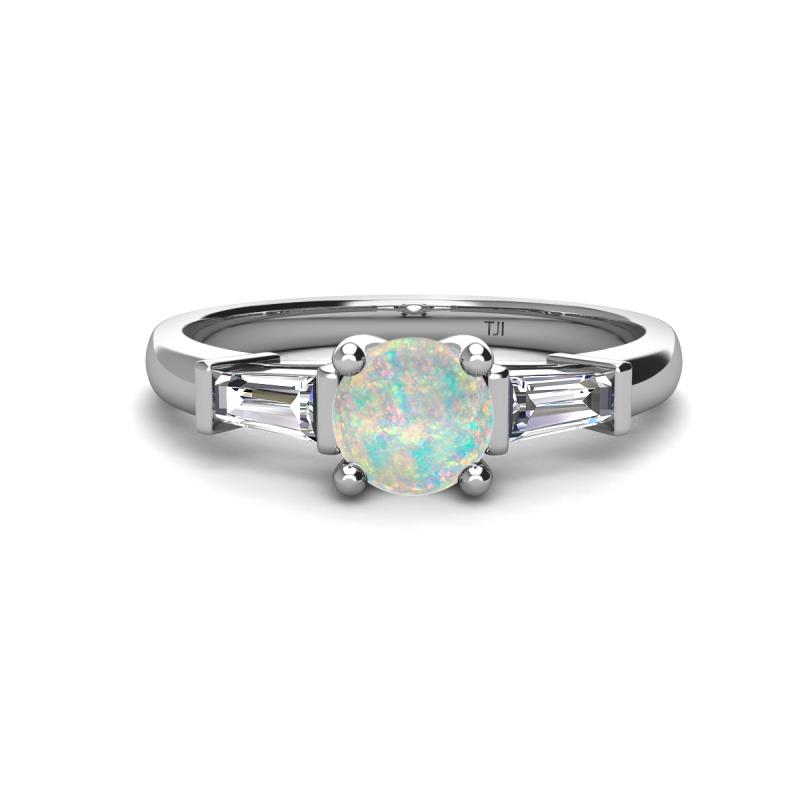 Zosia 6.00 mm Round Opal and Tapered Baguette Diamond Three Stone Engagement Ring  