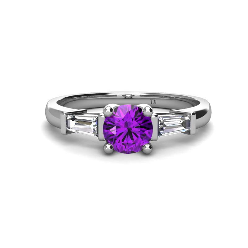 Zosia 6.50 mm Round Amethyst and Tapered Baguette Diamond Three Stone Engagement Ring  