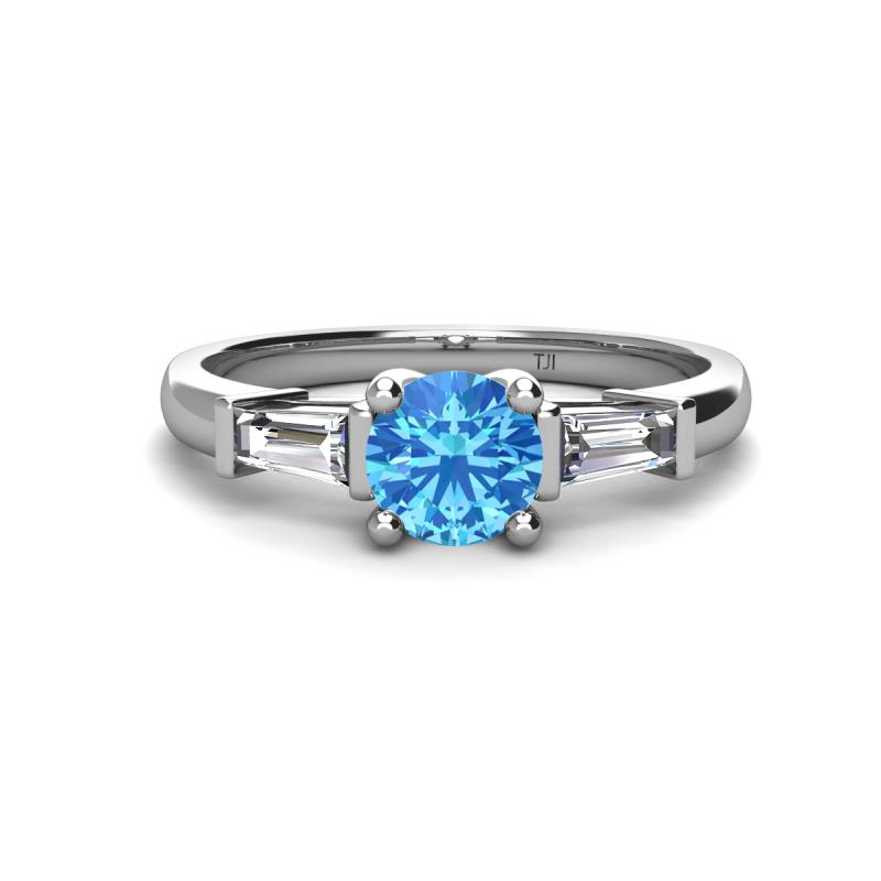 Zosia 6.50 mm Round Blue Topaz and Tapered Baguette Diamond Three Stone Engagement Ring  
