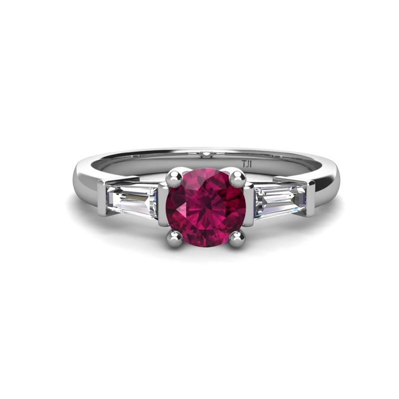 Zosia 6.50 mm Round Rhodolite Garnet and Tapered Baguette Diamond Three Stone Engagement Ring  
