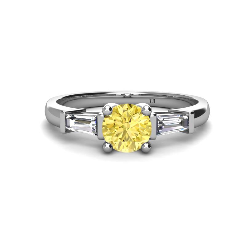 Zosia 6.00 mm Round Lab Created Yellow Sapphire and Tapered Baguette Diamond Three Stone Engagement Ring  