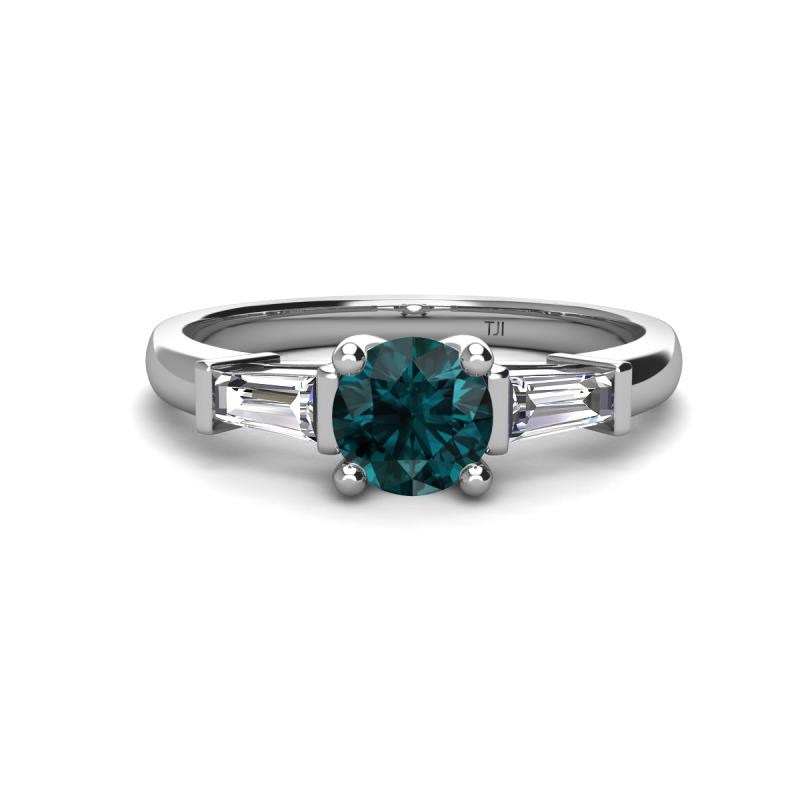 Zosia 6.50 mm Round London Blue Topaz and Tapered Baguette Diamond Three Stone Engagement Ring  