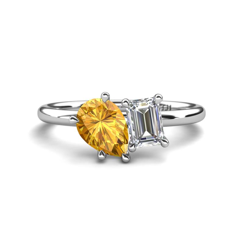 Nadya Pear Shape Citrine & Emerald Shape GIA Certified Diamond 2 Stone Duo Ring 