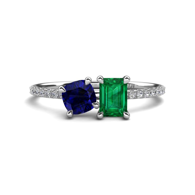 Elyse 6.00 mm Cushion Shape Lab Created Blue Sapphire and 7x5 mm Emerald Shape Lab Created Emerald 2 Stone Duo Ring 