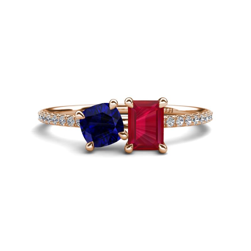 Elyse 6.00 mm Cushion Shape Lab Created Blue Sapphire and 7x5 mm Emerald Shape Lab Created Ruby 2 Stone Duo Ring 
