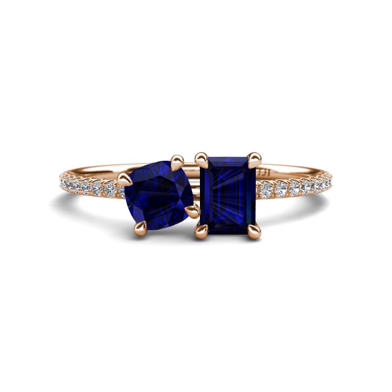 Elyse 6.00 mm Cushion Shape and 7x5 mm Emerald Shape Lab Created Blue Sapphire 2 Stone Duo Ring 